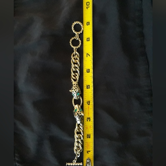 Vintage Double Leopard Head with Green Rhinestone Eyes Chunky Chain Bracelet - Picture 10 of 15